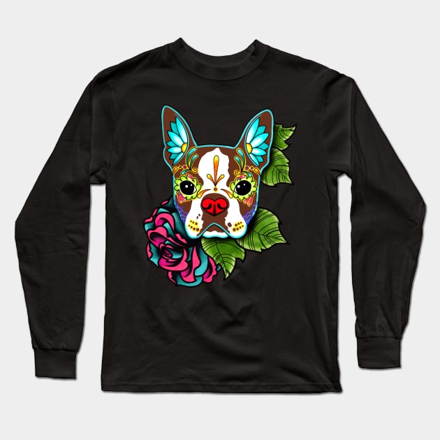 Boston Terrier in Red - Day of the Dead Sugar Skull Dog Long Sleeve T-Shirt by prettyinink